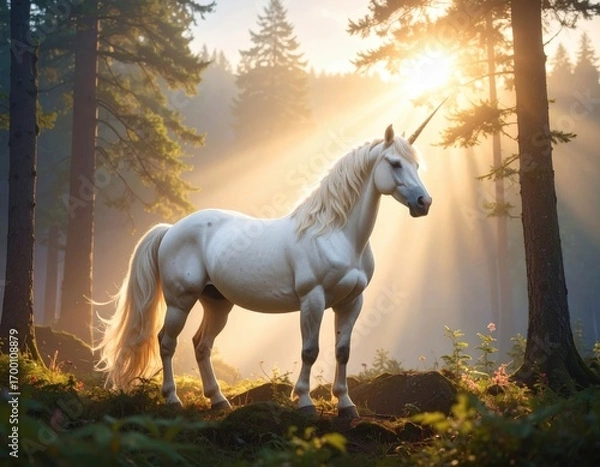 Fototapeta Majestic white unicorn stands gracefully in enchanted forest clearing with golden sunlight rays streaming through tall trees and mystical atmosphere.