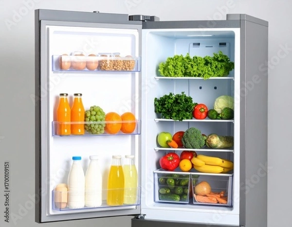 Fototapeta Open refrigerator filled with fresh healthy foods including fruits, vegetables, dairy products, juices and eggs organized on multiple shelves.