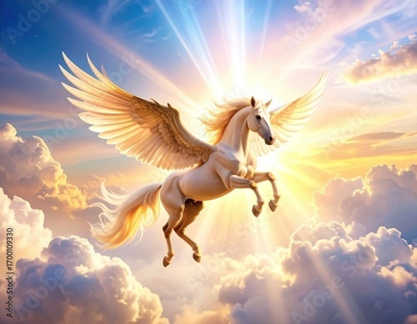 Fototapeta Majestic white Pegasus with golden wings soaring through heavenly clouds in brilliant sunlit sky with divine rays and ethereal atmosphere.