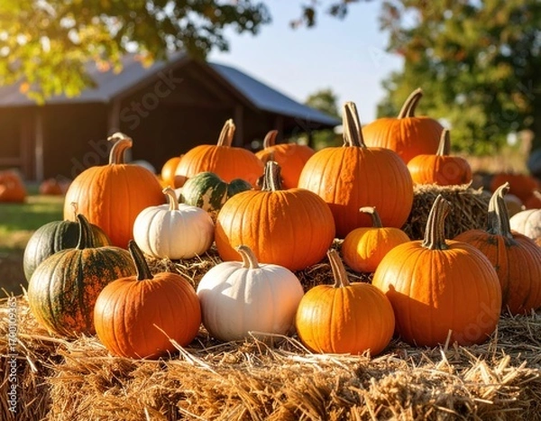Fototapeta A vibrant arrangement of diverse pumpkins, gourds, and squash sits on a rustic haystack, evoking feelings of autumn, harvest, and seasonal celebration.