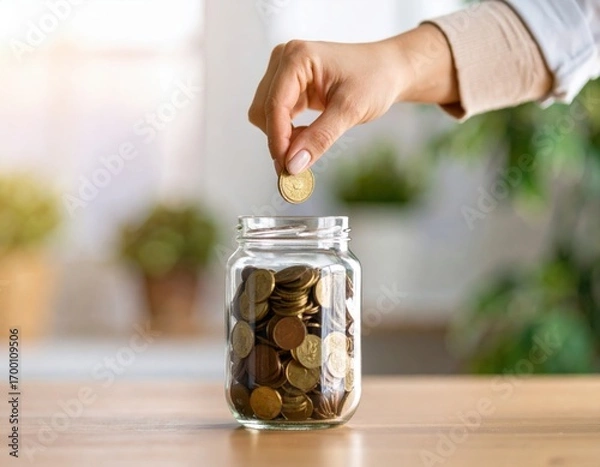 Fototapeta Hand dropping golden coin into glass jar filled with coins on wooden table, representing savings, investment, and financial planning goals.