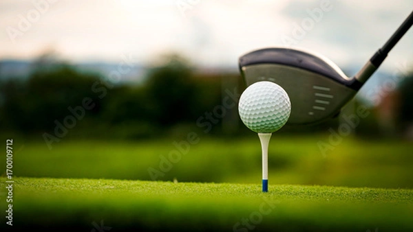 Fototapeta Golf ball on green grass in the evening golf course with sunshine background.