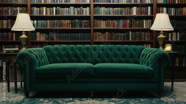Fototapeta A cozy green velvet sofa in a library setting, surrounded by tall shelves filled with books and illuminated by elegant lamps.