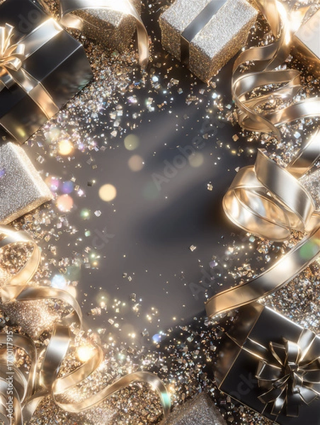 Fototapeta ゴールドとブラックのプレゼントとリボンの華やかな背景