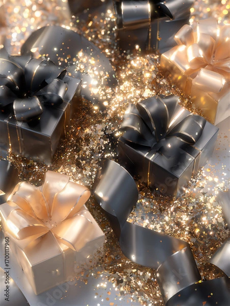 Fototapeta ゴールドとブラックのプレゼントとリボンの華やかな背景