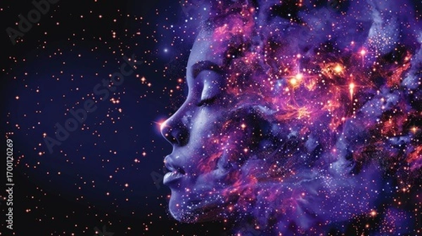 Fototapeta Surreal cosmic art of a nebula formed into a human silhouette with glowing stars and galaxies