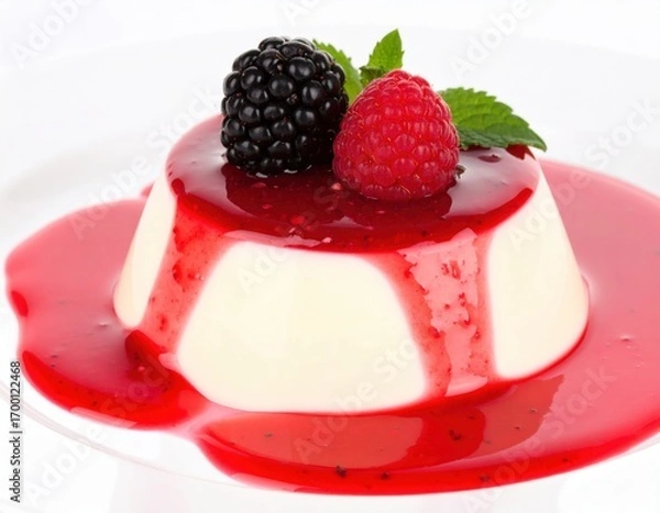 Fototapeta Elegant Panna Cotta with Dripping Red Berry Coulis Fresh Blackberry and Raspberry.