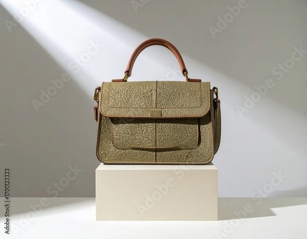 Fototapeta Elegant Textured Olive Handbag with Brown Handle Displayed on a Pedestal Under a Dramatic Diagonal Light.