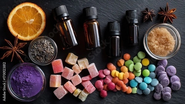 Fototapeta Wellness Kit Flatlay: Essential Oils and Colorful Candies on Dark Background