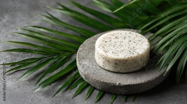 Fototapeta White Speckled Soap Bar on Grey Stone Dish with Palm Leaves