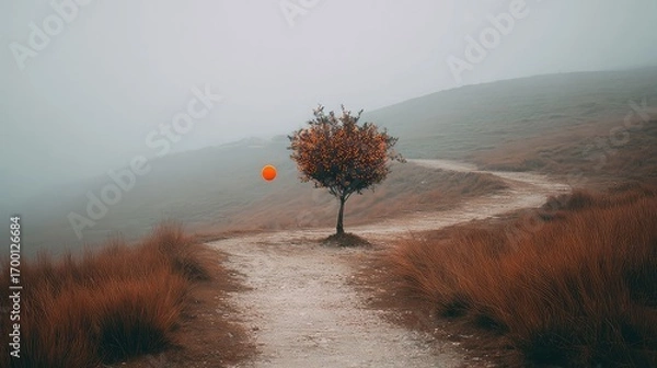 Fototapeta Winding Path to Solitary Orange Tree on a Misty Hill