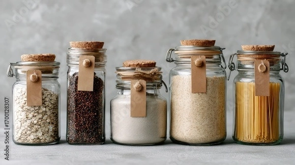Fototapeta Zero Waste Pantry Starter Kit: Glass Jars with Brown Labels on Light Grey Background