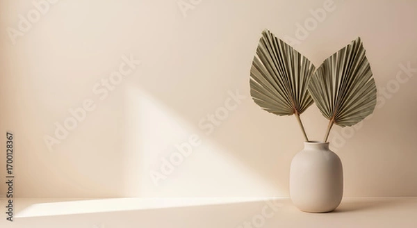 Fototapeta Minimalist home decor with dried palm leaves in a ceramic vase against soft beige background and sunlight