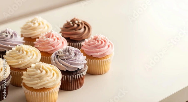 Fototapeta Colorful cupcakes with whipped cream frosting and sprinkles in pastel tones, sweet dessert arrangement on light background