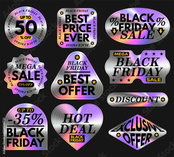 Obraz Set of holographic original Black Friday stickers, holographic labels with metallic texture
