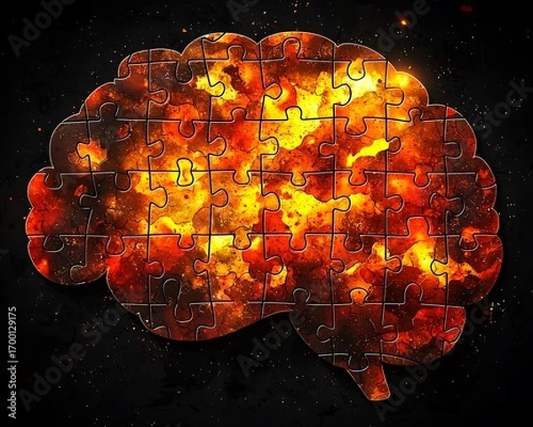 Fototapeta Glowing Brain Puzzle Mockup with Orange and Yellow Hues