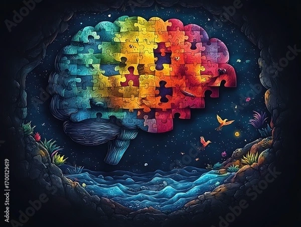 Fototapeta Rainbow Brain Puzzle Mockup with Cosmic Background and Missing Pieces