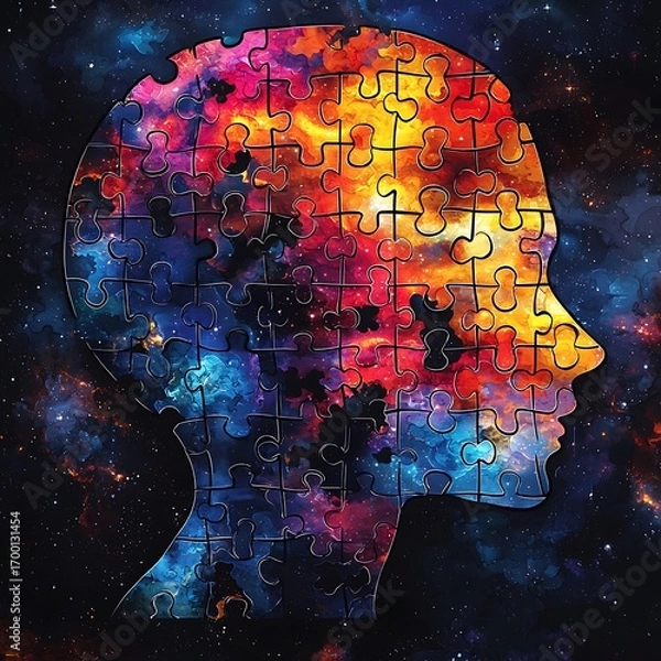 Fototapeta Cosmic Puzzle Head Mockup with Vibrant Multicolor Pieces