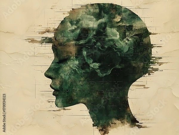 Fototapeta Swirling Green Head Mockup in Side Profile on Textured Beige Background