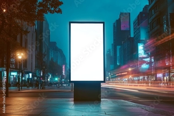 Fototapeta Dramatic illuminated commercial hoarding shines at dusk, promoting new business campaigns.