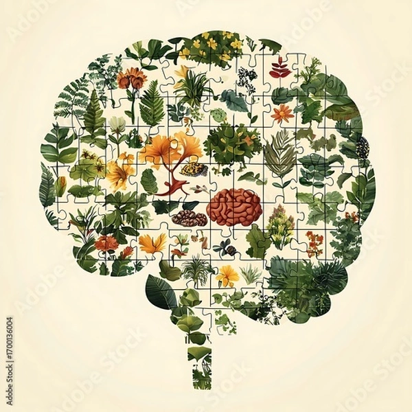 Fototapeta Brain Puzzle Mockup with Plants and Flowers in Vibrant Colors
