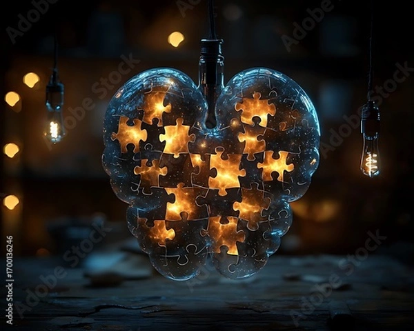 Fototapeta Heart Puzzle Light Mockup with Illuminated Pieces on Dark Background