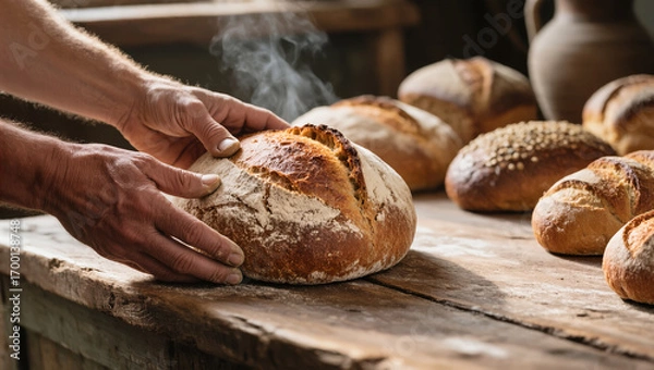 Fototapeta Fresh hot rustic bread loaf held by baker's hands on wooden table with other loaves in background, symbol of traditional homemade food