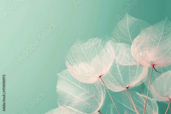 Fototapeta X-ray style image delicate translucent leaves, soft green background, copy space
