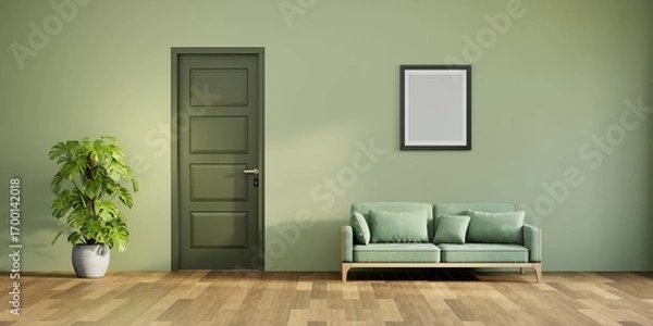 Fototapeta Sage green door in a sage green wall and green plants, minimalist sofa on parquet floor. Empty frame mockup.