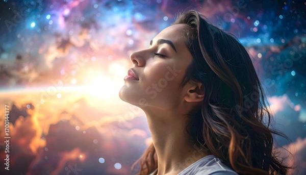 Fototapeta A landscape with a profile of a woman with her eyes closed against the backdrop of space, accessing another dimension