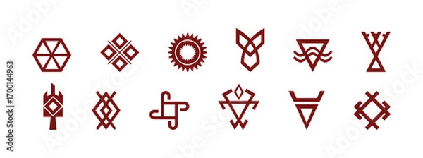 Obraz Minimalist red geometric icons representing Slavic deities, clean vector illustration of traditional pagan symbols for cultural and historical projects