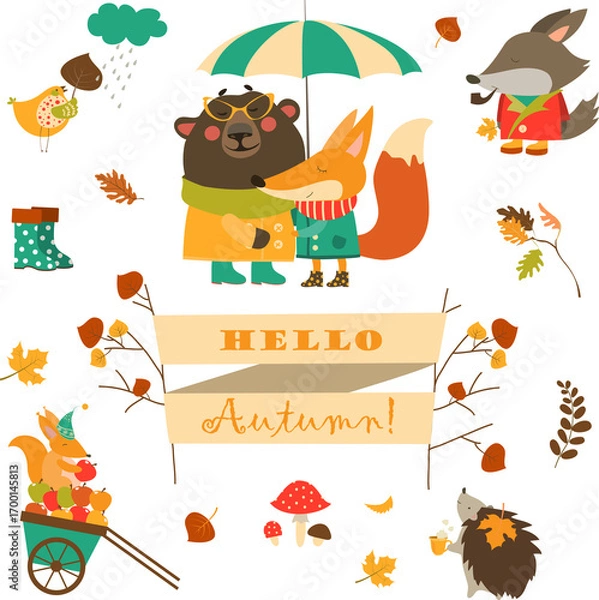 Fototapeta Cartoon characters and autumn elements. Vector collection