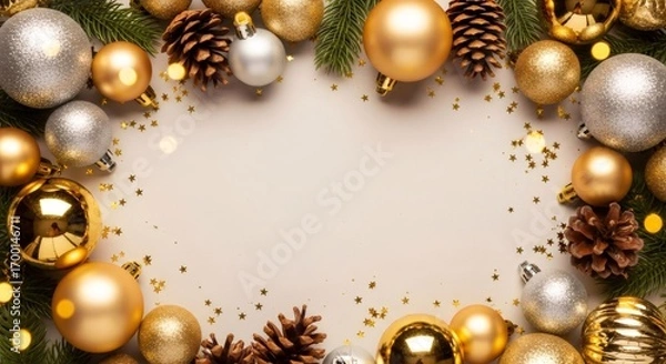 Fototapeta Holiday frame with golden and silver christmas baubles, pine cones, and fir branches on light background. New year decor with glitter.