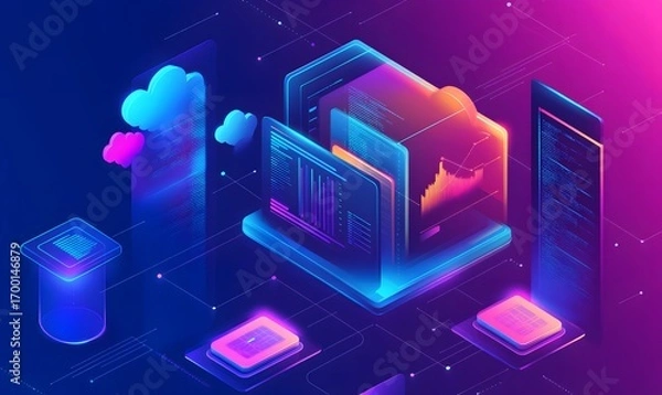Fototapeta An abstract representation of cloud computing and digital data, showcasing futuristic elements and vibrant neon colors. Perfect for illustrating modern technology concepts.