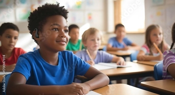 Fototapeta  Child with hearing aid participating in lesson