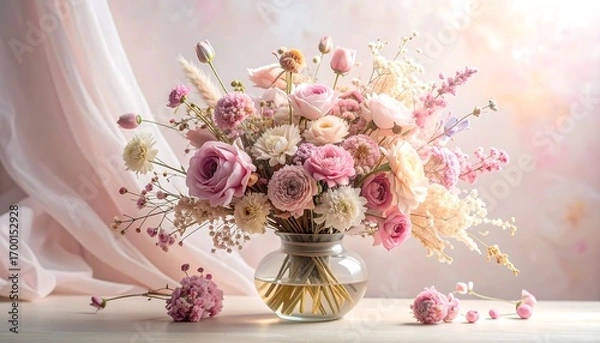 Fototapeta A delicate arrangement of pastel-colored preserved flowers in a glass vase, with soft lighting and a light pink background.