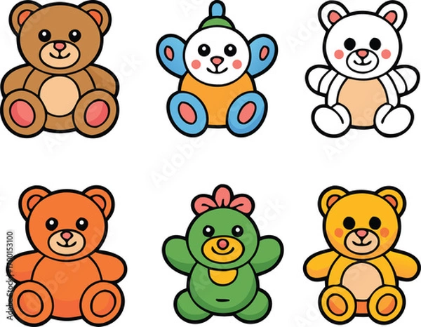 Fototapeta Colorful Teddy Bears and Plush Toy Icons for Cards, Stickers, and Invitations
