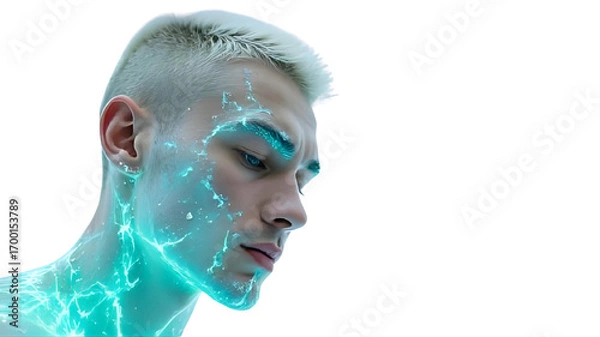 Obraz A male model with a striking look has glowing abstract patterns on his skin, illuminated against a plain background. His focused expression adds to the artistic visual impact.