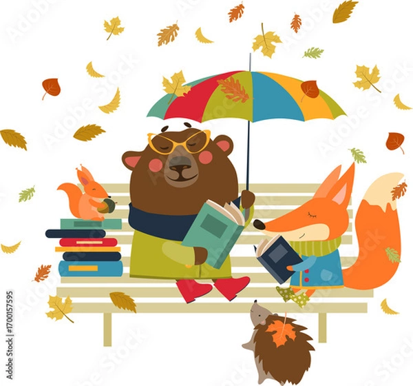 Fototapeta Fox,bear, hedgehog and little squirrel reading books on bench. Vector isolated illustration