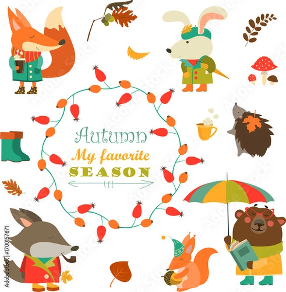 Fototapeta Cartoon characters and autumn elements. Vector collection