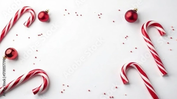 Fototapeta White Christmas background with red balls and sweet candy cane decorations. Copy space in the middle. Mockup design of New Year card. Top view of tree ornaments, baubles. Empty text place.