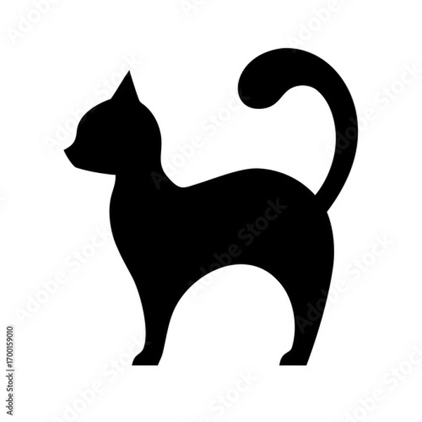 Fototapeta A silhouette of a running black cat with a long tail against a white background