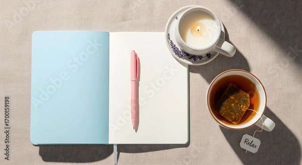 Fototapeta Pastel Journal and Herbal Tea Flat Lay with Lavender Candle for Mindful Writing and Emotional Wellness
