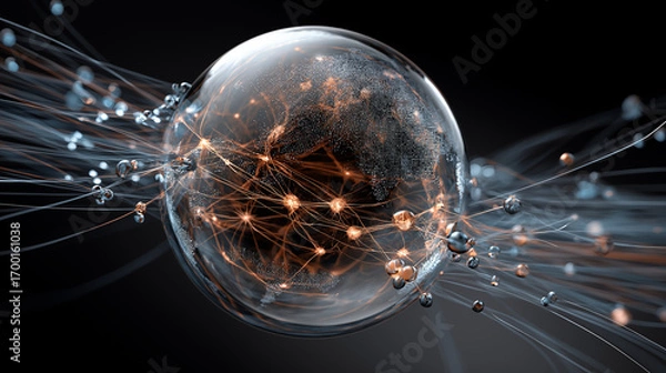Fototapeta 6G. Data Speed. Quantum Communication. 3D concept of a holographic globe showcasing 6G technology connections.
