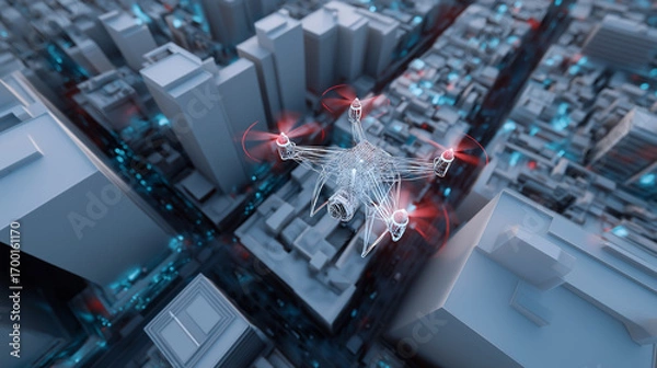 Fototapeta 6G. Data Speed. Quantum Communication. A futuristic AI drone flies through a 3D cityscape supported by advanced 6G technology.