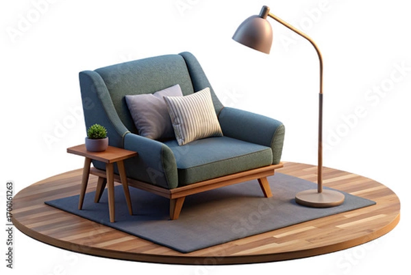 Fototapeta A stylish and minimalist living room with a rich dark blue wall, a comfortable tan leather armchair, and ample copy space- 3D rendering