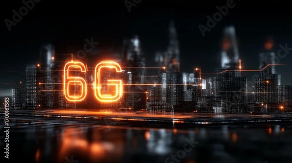 Fototapeta 6G. Data Speed. Quantum Communication. Futuristic holographic interface showcasing advanced technology in a digital display.