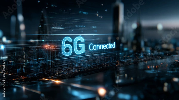 Fototapeta 6G. Data Speed. Quantum Communication. Futuristic holographic interface showcasing advanced technology and digital displays.