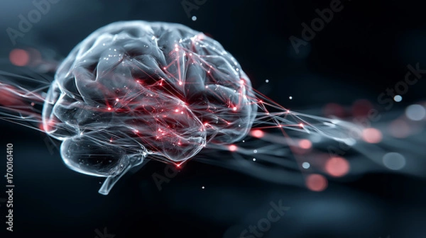 Fototapeta 6G. Data Speed. Quantum Communication. A holographic 3D brain visualizing neural signals in a digital format.