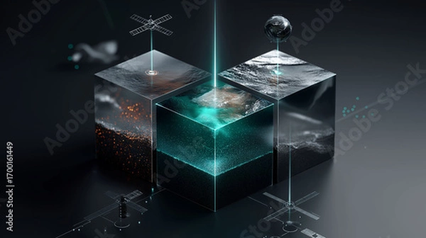 Fototapeta 6G. Data Speed. Quantum Communication. Isometric 3D visualization of a quantum 6G communication node concept.
